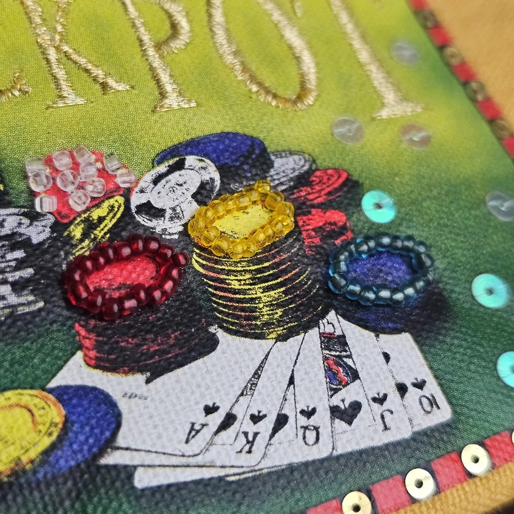 Rolfs Jackpot Genuine Leather Coin Poker Purse Keychain Wallet Sequins Beaded